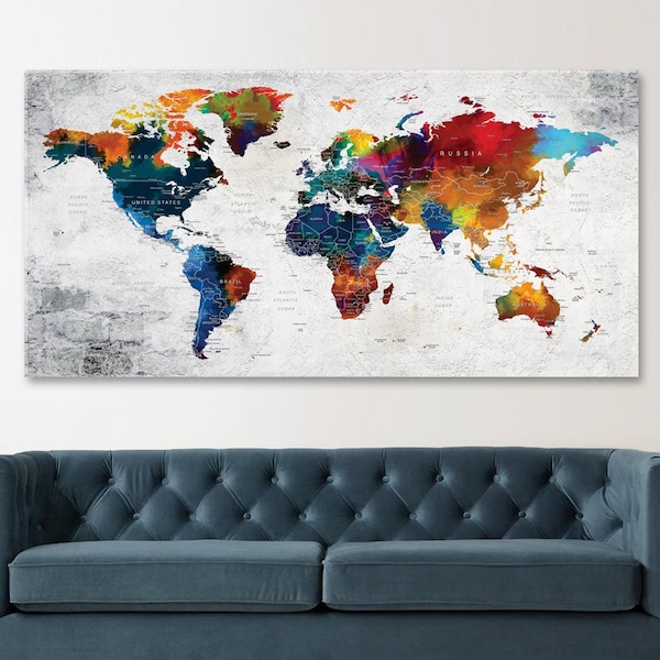 World Map Push Pin Canvas Wall Art, Colorful Wall Decor, Adventure Canvas Travel Map, Home or Office Gift, Large Canvas World Map