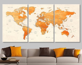 World Map Canvas, Push Pin Travel Map, Orange World Map Decor, Home Gift, Office Decor, Wall Decor, Living Room Decor, Large Adventure Map