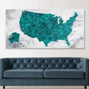 Art mural carte des États-Unis, carte des États-Unis de voyage avec punaises, carte verte des États-Unis, cadeau pour la maison, décoration de bureau, décoration de salon, carte des États-Unis en toile, art mural carte des États-Unis