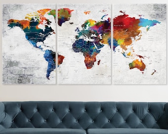 World Map Canvas Wall Art, Colorful Push Pin Travel Adventure Map, Canvas Decor, Home Gift, Office or Living Room Wall Decor