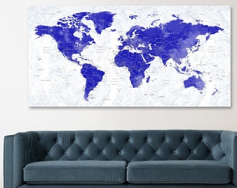 World Map Canvas Wall Art, Push Pin Travel Map, Glossy Navy Blue Adventure Decor, Home and Office Decor, Canvas Print Art