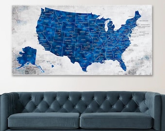 US Map Canvas Wall Art, Push Pin Travel US Map, Blue United States Map Wall Decor