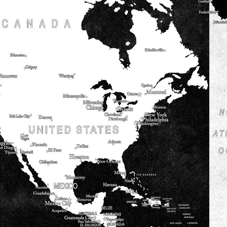 May include: A black and white map of North America with major cities labeled. The map includes Canada, the United States, Mexico, and the Caribbean islands.