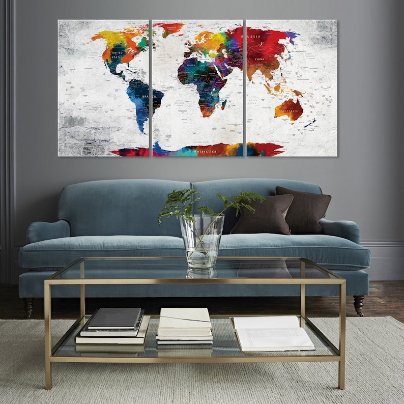 World Map Wall Art Large Canvas Push Pin Travel Map Etsy