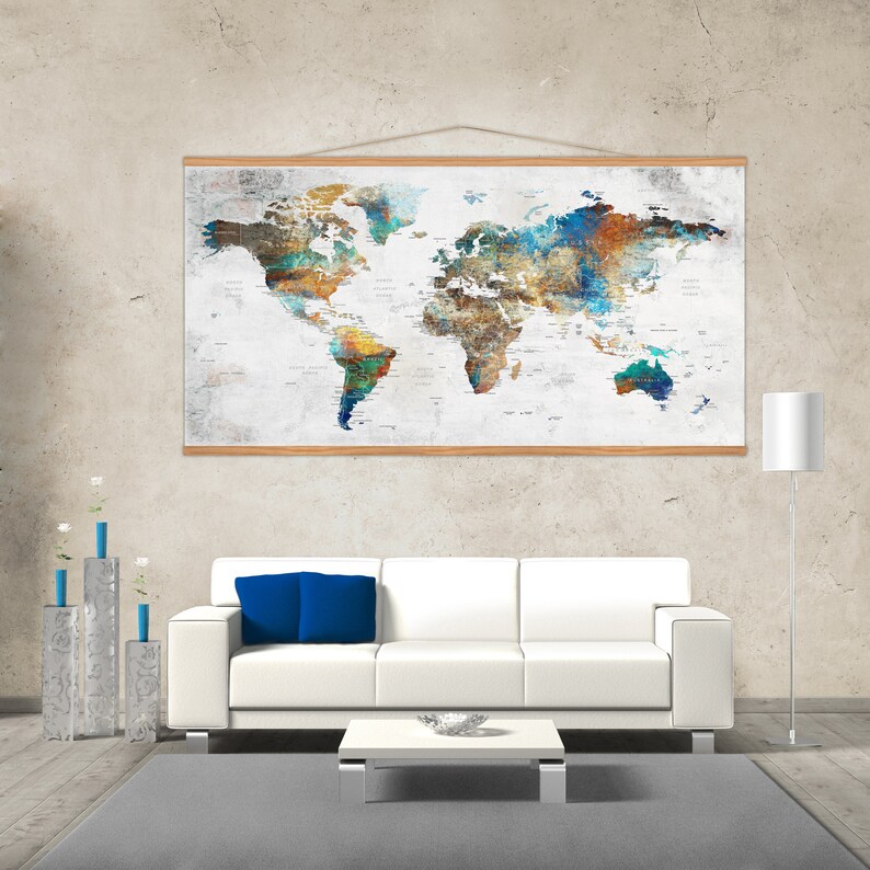 Hanging World Map Canvas Rustic Frame Home Decor World Map - Etsy