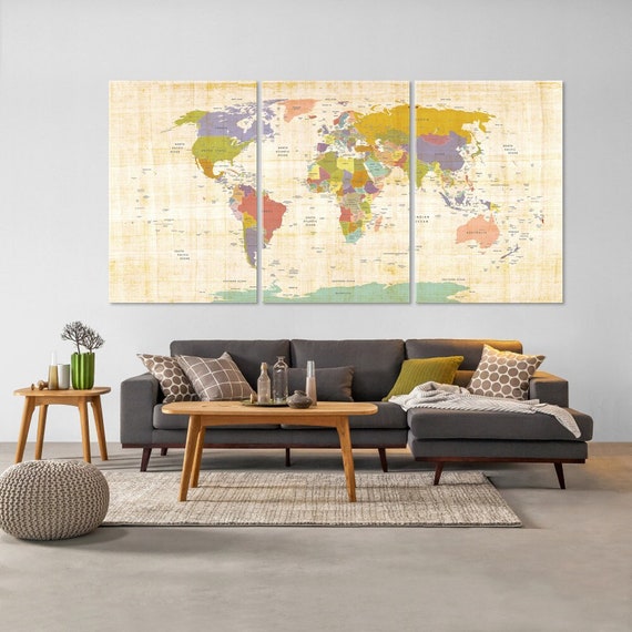 World Map Canvas Decor Family Travel Push Pin Wall Art | Etsy