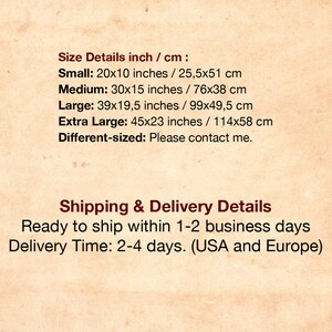 May include: Size chart for a print, showing the dimensions in inches and centimeters for small, medium, large, and extra large sizes. The chart also includes shipping and delivery details, stating that the print is ready to ship within 1-2 business days and delivery takes 2-4 days to the USA and Europe.