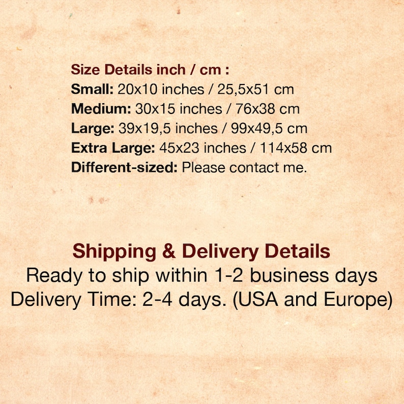 May include: Size chart for a print, showing the dimensions in inches and centimeters for small, medium, large, and extra large sizes. The chart also includes shipping and delivery details, stating that the print is ready to ship within 1-2 business days and delivery takes 2-4 days to the USA and Europe.