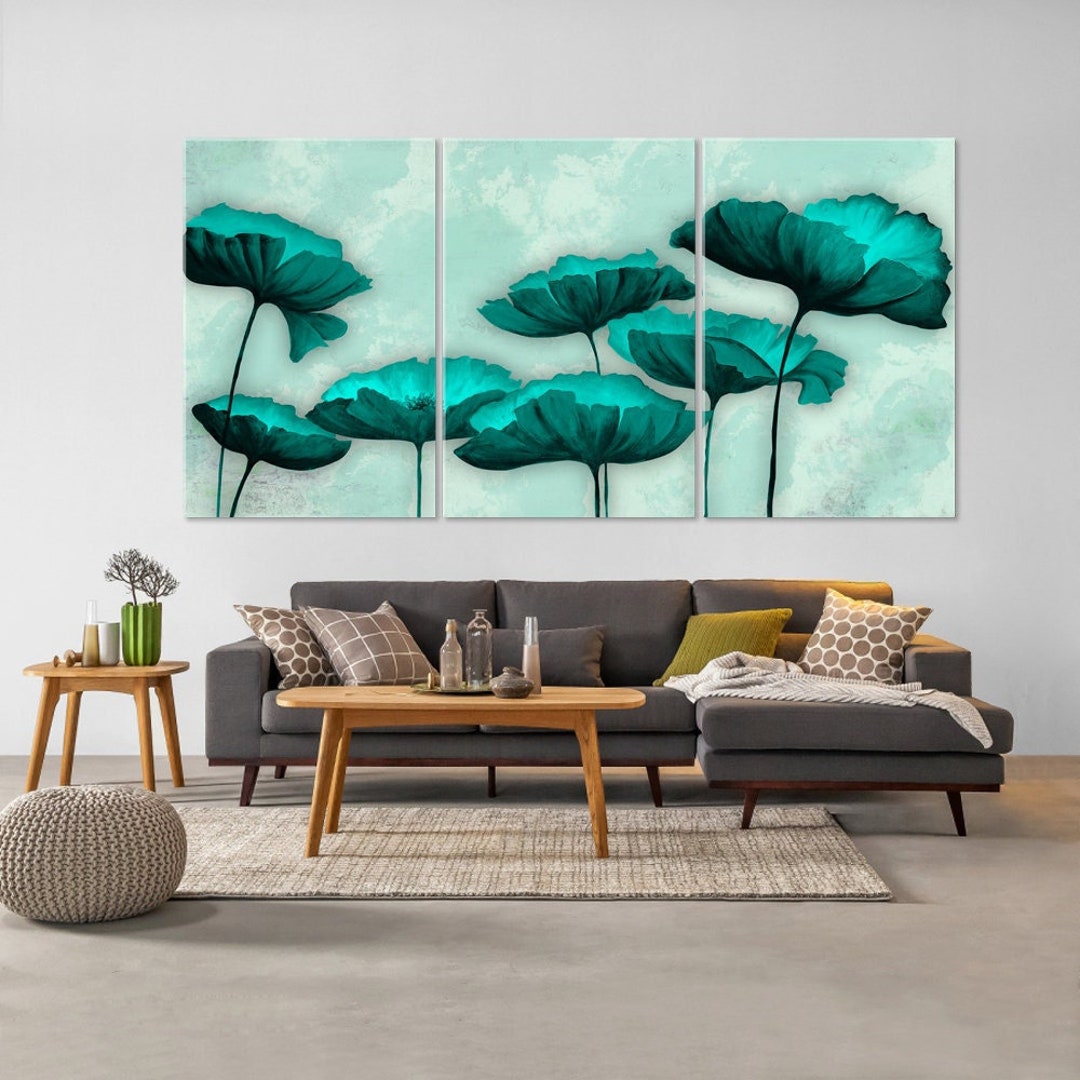 Turquoise Flowers Canvas Modern Teal Floral Wall Art Poppies - Etsy