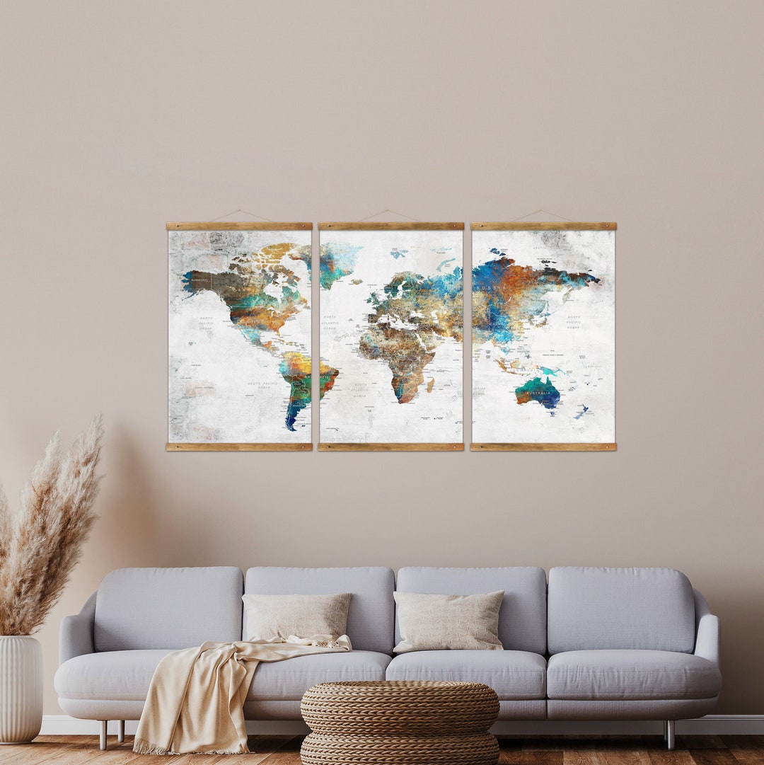 World Map Canvas Wall Hanging, Rustic Frame Home Decor Banners, Earth ...