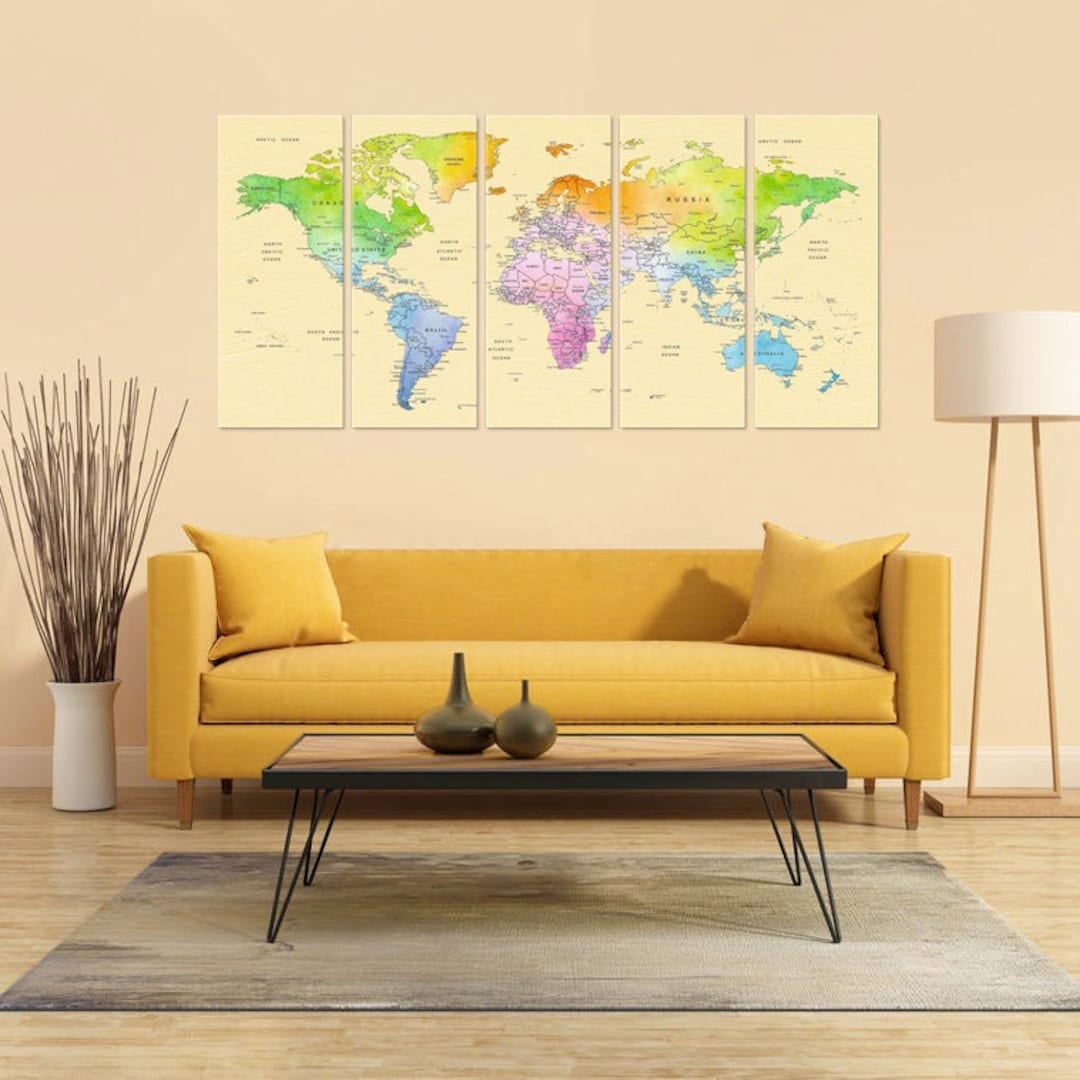 World Map Canvas Wall Art, Push Pin Travel Adventure Map, Soft Color ...