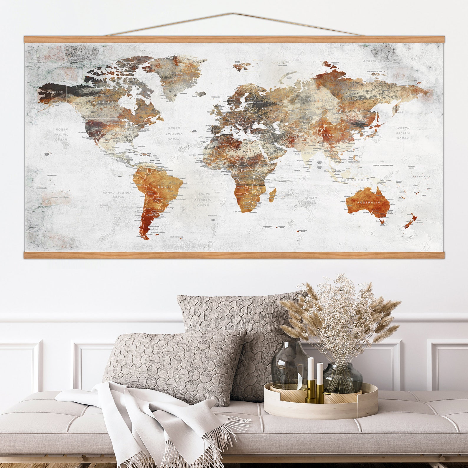 Hanging World Map Canvas Rustic Frame Home Decor Earth - Etsy