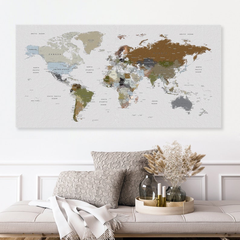 World Map Wall Art, Earth Colors Adventure Push Pin Travel Map on Canvas, Soft Natural Colors Earth Art, Home, Office, Living Room Decor image 1