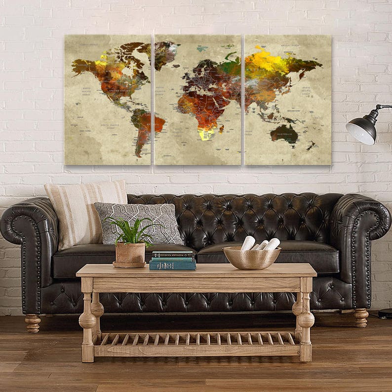 World Map Canvas Wall Art Push Pin Travel Map Rustic Style Etsy