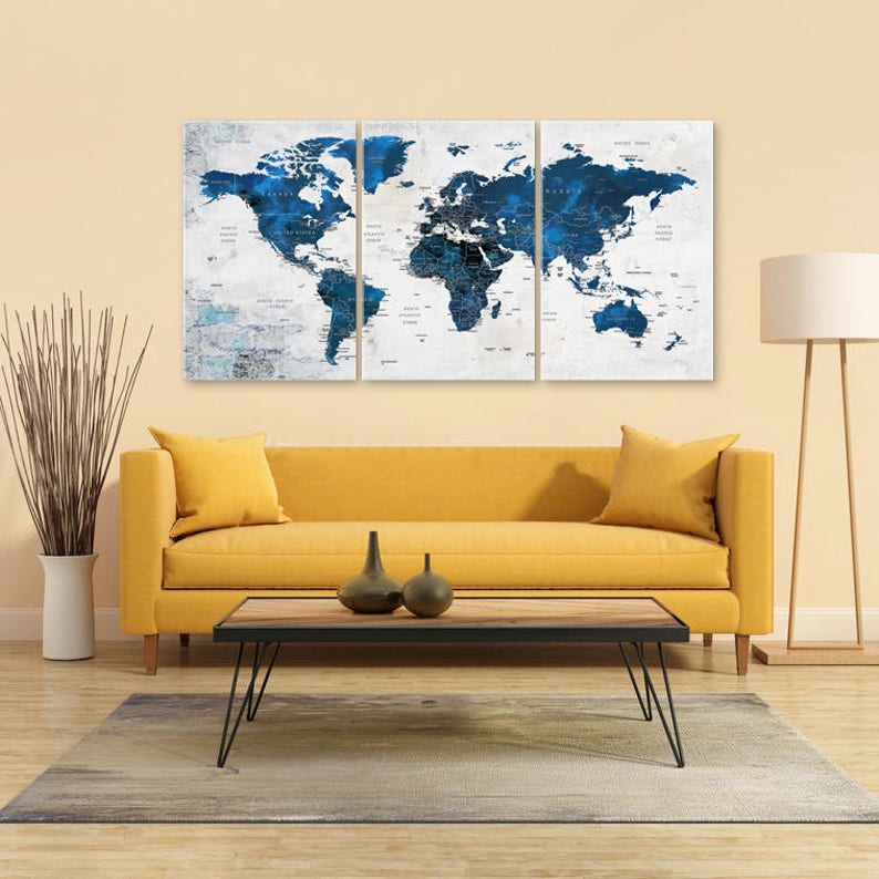 World Map Canvas, Push Pin Travel Map, Large Canvas Wall Art, Navy Blue ...