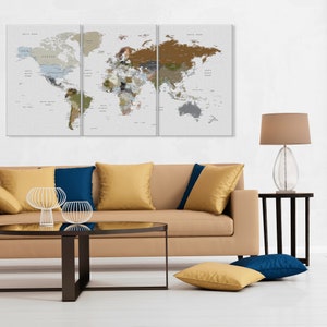 World Map Wall Art, Earth Colors Adventure Push Pin Travel Map on Canvas, Soft Natural Colors Earth Art, Home, Office, Living Room Decor image 7