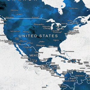 May include: A blue watercolor map of North America with the names of major cities and countries labeled in white. The map includes the United States, Canada, Mexico, Central America, and parts of South America.
