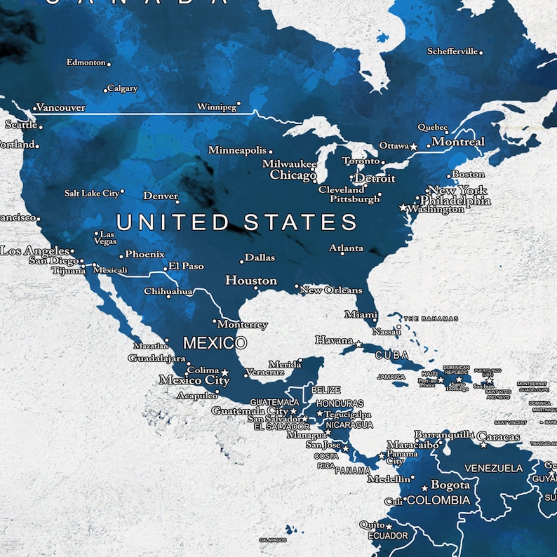 May include: A blue watercolor map of North America with the names of major cities and countries labeled in white. The map includes the United States, Canada, Mexico, Central America, and parts of South America.