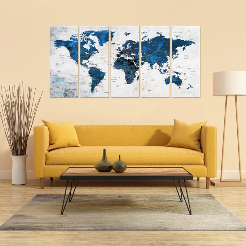 Large World Map Decor, Push Pin Travel Map, World Map Canvas, Navy Blue Living Room, Office Wall Art Decor, Teal Color Wall Art image 7