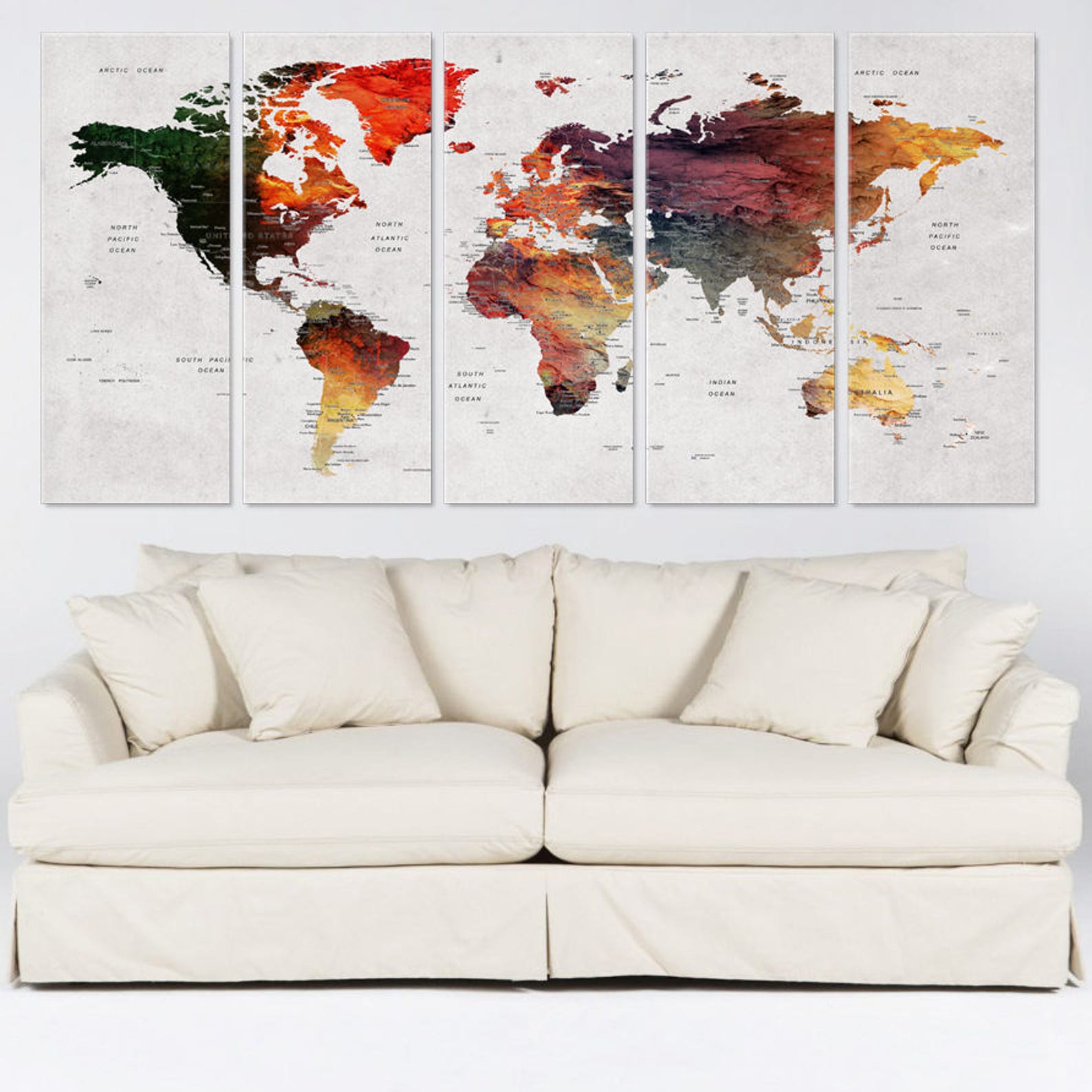 World Map Canvas, Push Pin Travel Map, Colorful Canvas Decor, Large Map ...