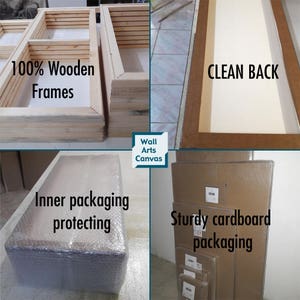 May include: A close-up of a framed canvas print, showing the wooden frame, clean back, and packaging. The canvas is wrapped in bubble wrap and placed inside a sturdy cardboard box.