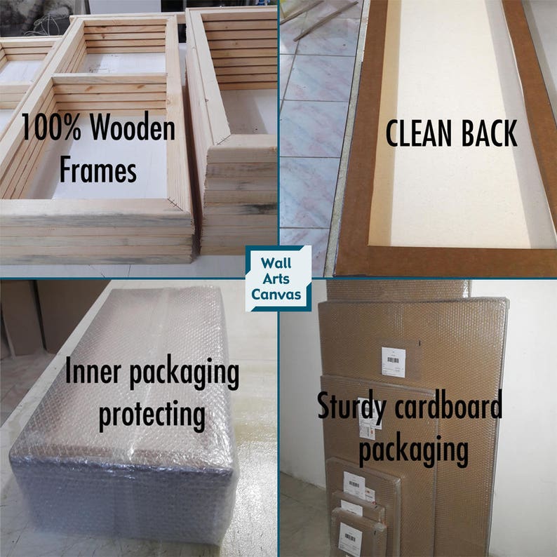 May include: A close-up of a framed canvas print, showing the wooden frame, clean back, and packaging. The canvas is wrapped in bubble wrap and placed inside a sturdy cardboard box.