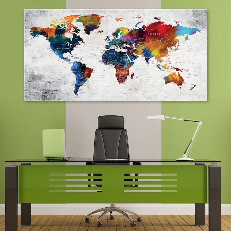 World Map Push Pin Canvas Wall Art Colorful Wall Decor | Etsy