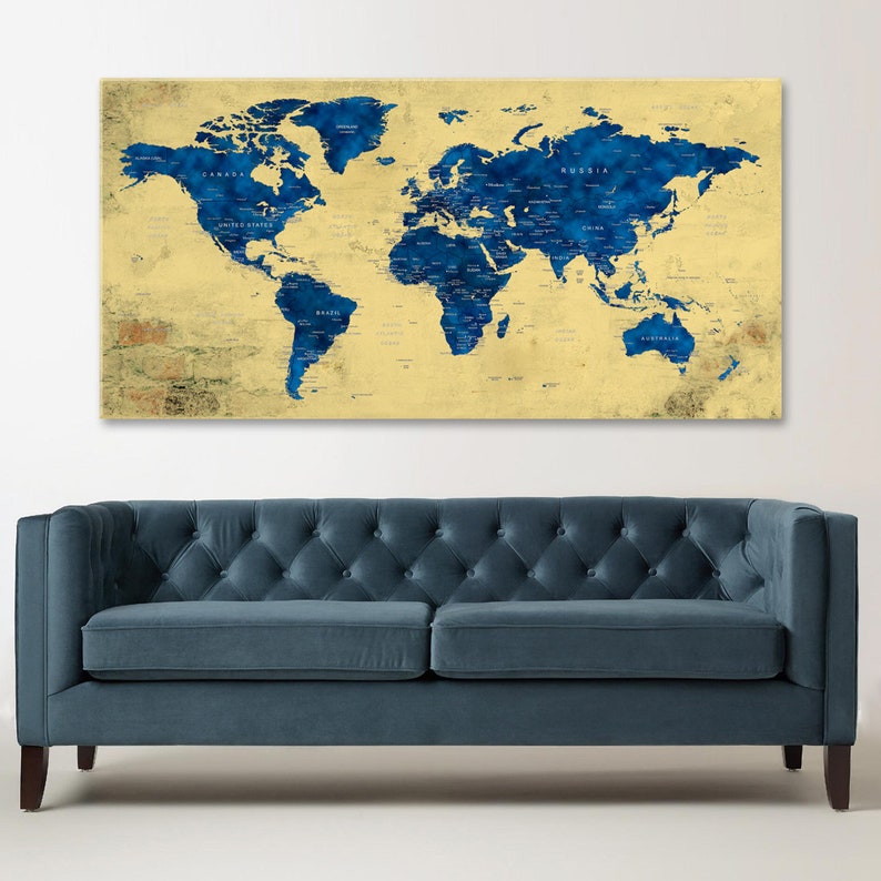 World Map Wall Art Canvas, Large Push Pin Travel Map Navy Blue and ...