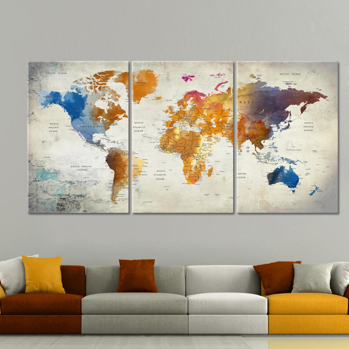 World Map Canvas Push Pin Travel World Map Decor Soft Color - Etsy