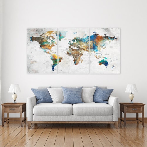 World Map Wall Art, Large Canvas, Adventure Push Pin Travel Map, Soft Color Decoration Object, Home, Office, Living Room Decor