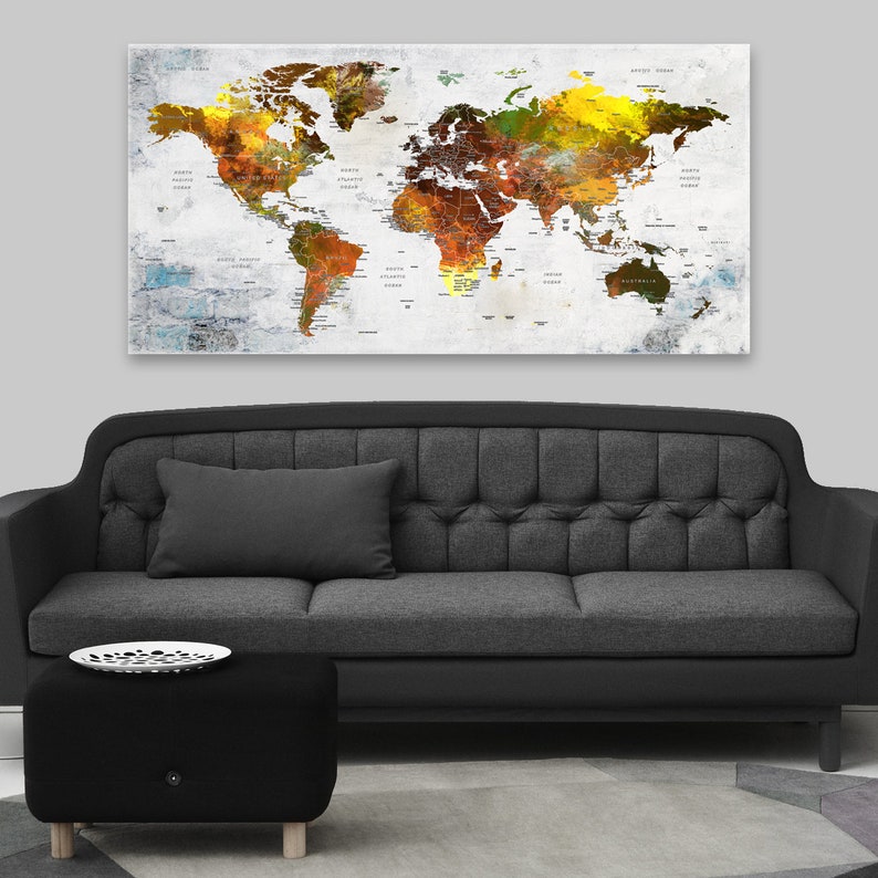 World Map Wall Art Canvas Autumn Colors Push Pin Travel Map Etsy