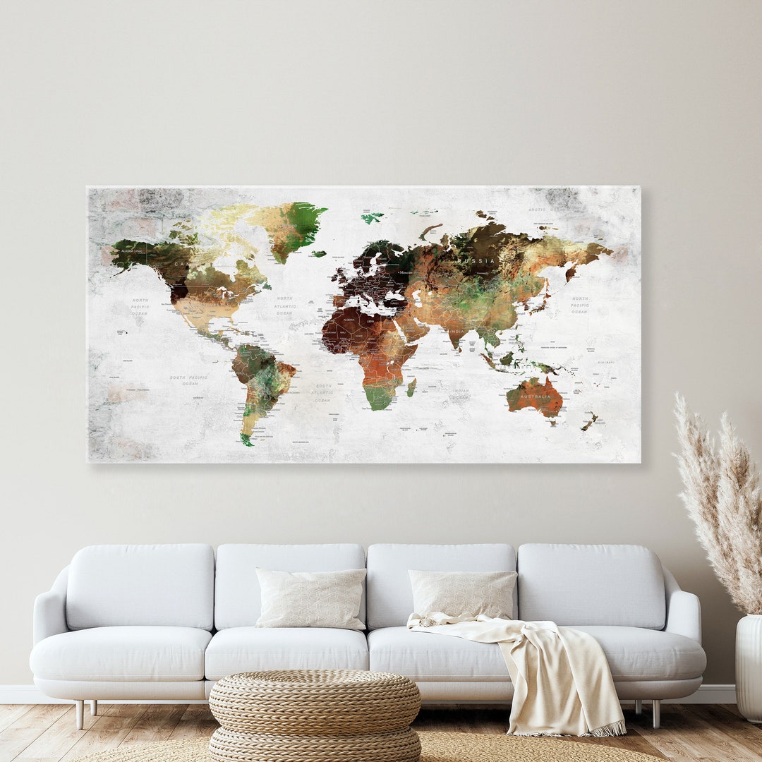 World Map Push Pin Wall Art on Canvas – Beige & Brown Tones, Travel ...