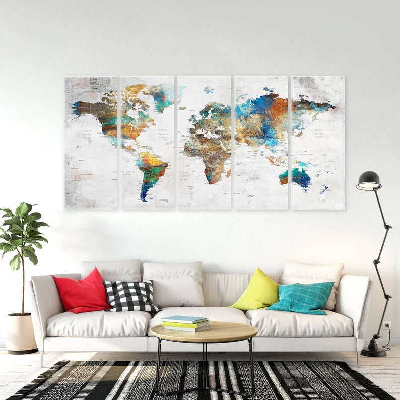 World Map Wall Art, Large Canvas, Adventure Push Pin Travel Map, Soft Color Decoration Object, Home, Office, Living Room Decor image 3