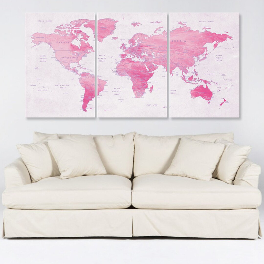 World Map Canvas Wall Art, Soft Pink Color Push Pin Travel Adventure ...