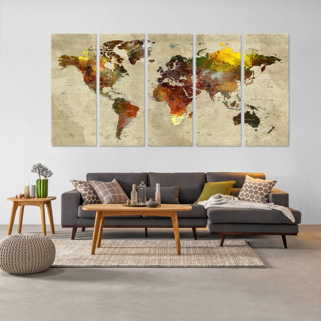 World Map Wall Art, Push Pin Canvas Decor, Autumn Colors Adventure's ...
