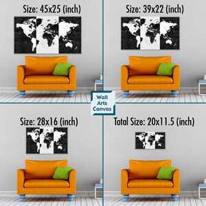 May include: Four different sizes of a black and white world map canvas print are shown on a wall with a couch in front of each. The sizes are 45x25 inches, 39x22 inches, 28x16 inches, and 20x11.5 inches.