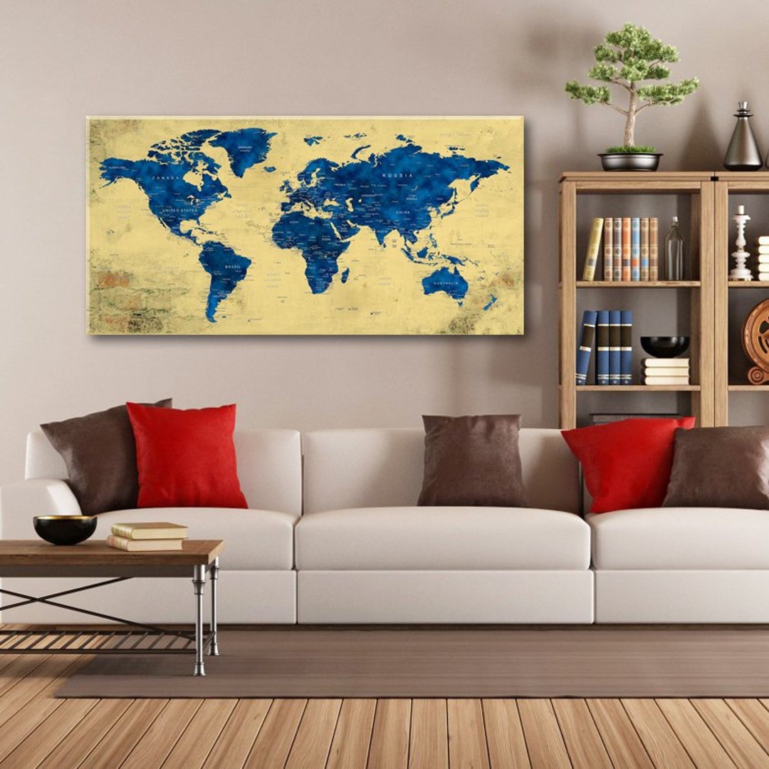 World Map Wall Art Canvas, Large Push Pin Travel Map Navy Blue and ...
