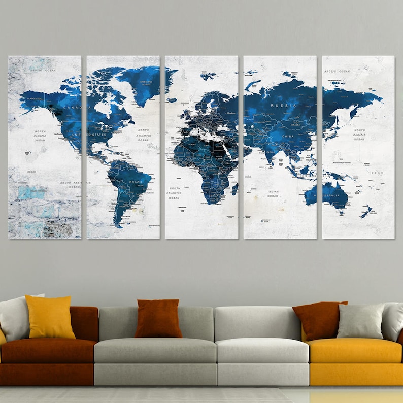 Large World Map Decor, Push Pin Travel Map, World Map Canvas, Navy Blue Living Room, Office Wall Art Decor, Teal Color Wall Art image 8