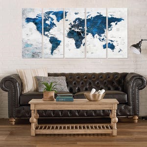 Large World Map Decor, Push Pin Travel Map, World Map Canvas, Navy Blue Living Room, Office Wall Art Decor, Teal Color Wall Art image 4