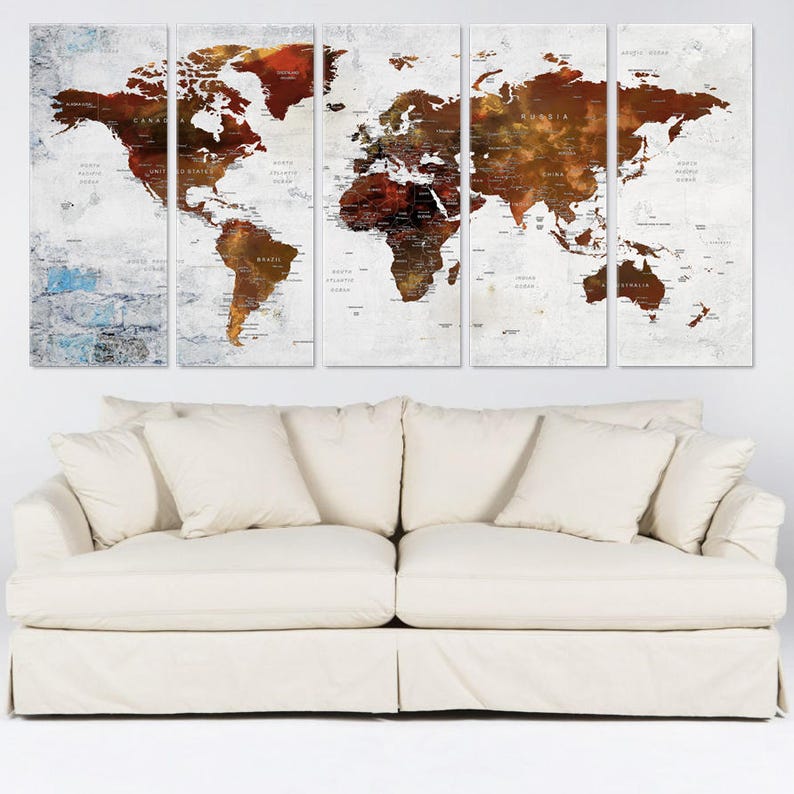 World Map Canvas, Push Pin Travel Map, Large Canvas Brown Map Decor ...