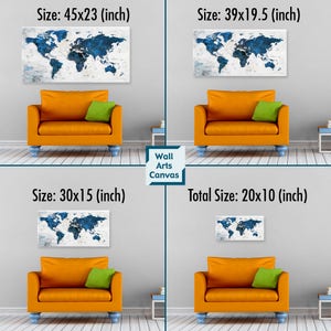 Single Panel world map canvas.
Total covered area size on your wall: 20x10 inches, 30x15 inches 39x20 inches or 45x23 inches. If you want different size please write to me.