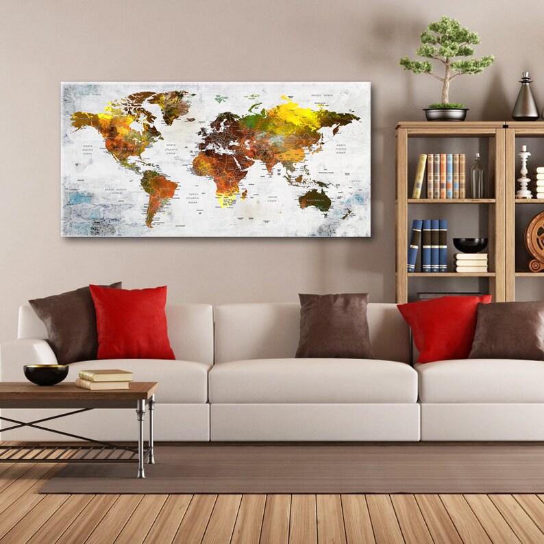 World Map Wall Art Canvas Autumn Colors Push Pin Travel Map Etsy