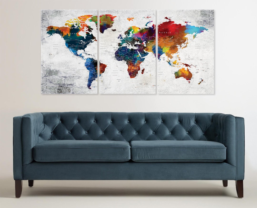 World Map Canvas Wall Art, Colorful Push Pin Travel Adventure Map ...