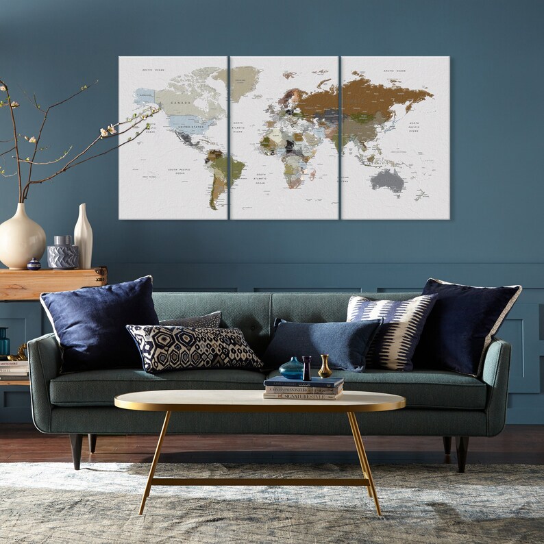 World Map Wall Art, Earth Colors Adventure Push Pin Travel Map on Canvas, Soft Natural Colors Earth Art, Home, Office, Living Room Decor image 2