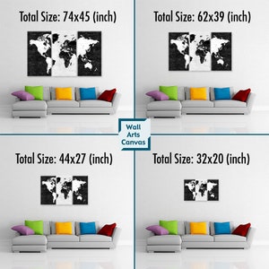 May include: A black and white world map canvas print in four different sizes: 74x45 inches, 62x39 inches, 44x27 inches, and 32x20 inches. The canvas prints are displayed on a white wall above a gray couch with colorful throw pillows.