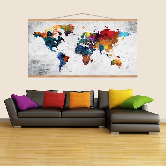 Hanging World Map Canvas Rustic Frame Home Decor Colorful - Etsy