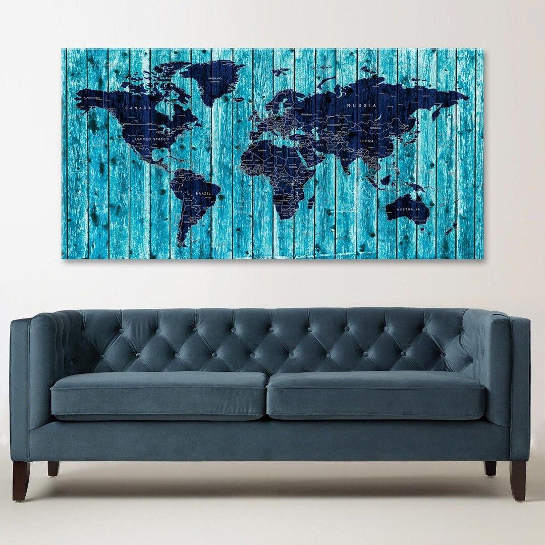World Map Canvas Wall Art, Push Pin Travel Decor, Blue Wood Texture ...