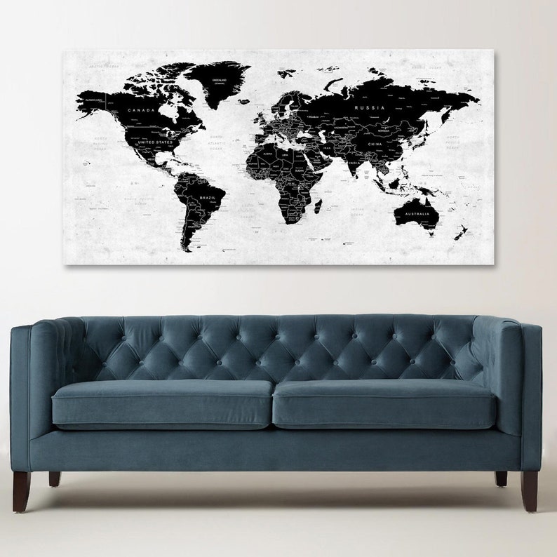World Map Canvas Push Pin Travel Map Black And White World Etsy World 