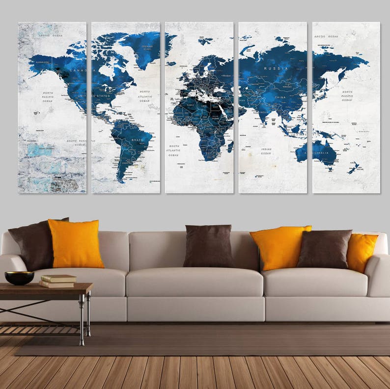 Large World Map Decor, Push Pin Travel Map, World Map Canvas, Navy Blue Living Room, Office Wall Art Decor, Teal Color Wall Art image 3