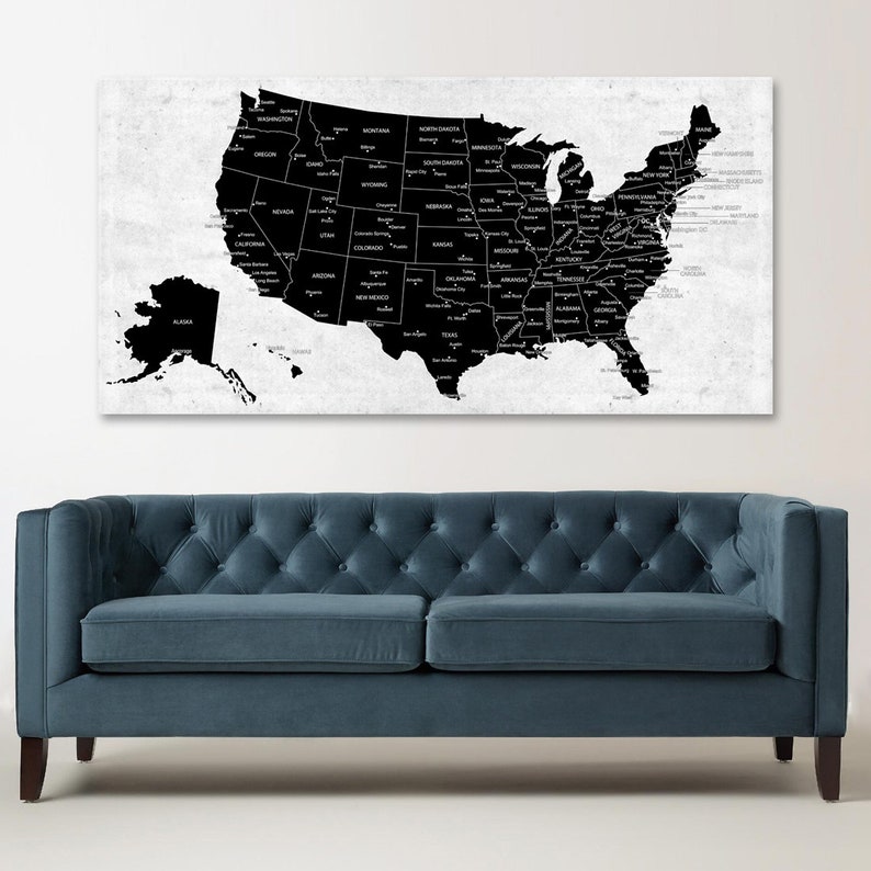 US Map Canvas Wall Art Black & White Adventure Push Pin | Etsy